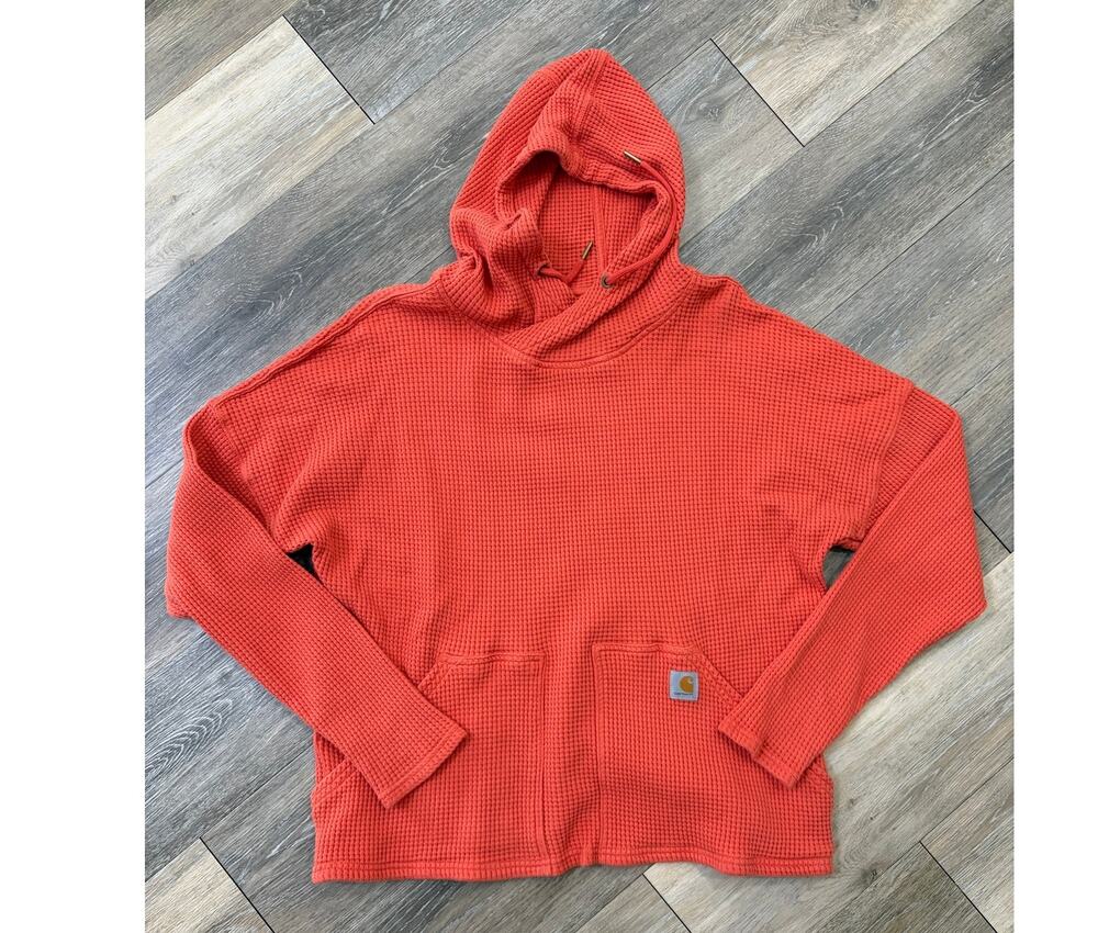 Carhartt Womens Large Relaxed Fit Waffle Knit Hoodie Orange Pullover Thermal